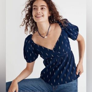 Madewell Navy Patterned Puff Sleeve Blouse